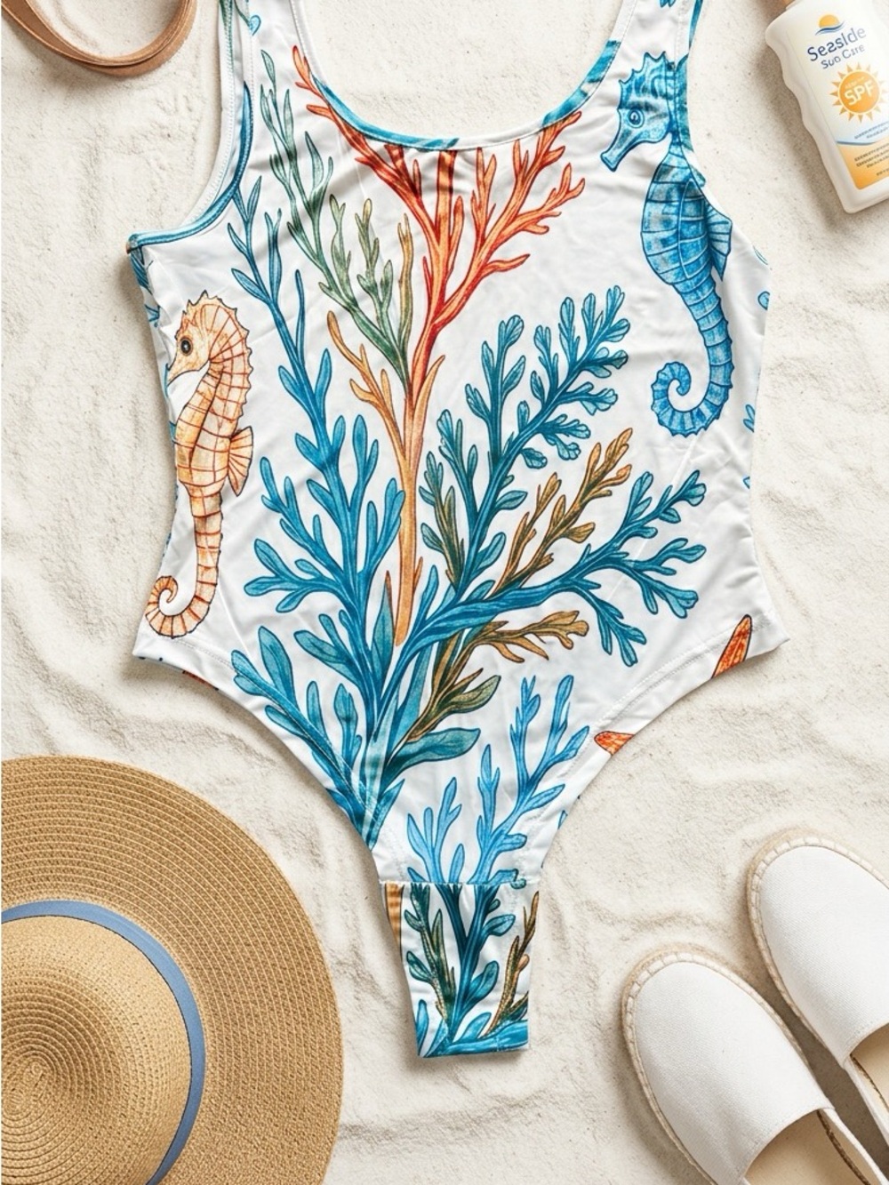 Seahorse& Coral one Piece Bodysuit/Swimsuit/White & Blue & Orange Print sz L